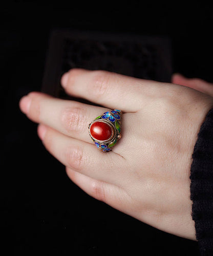Bagues rétro rouges en argent sterling et agate cloisonnée
