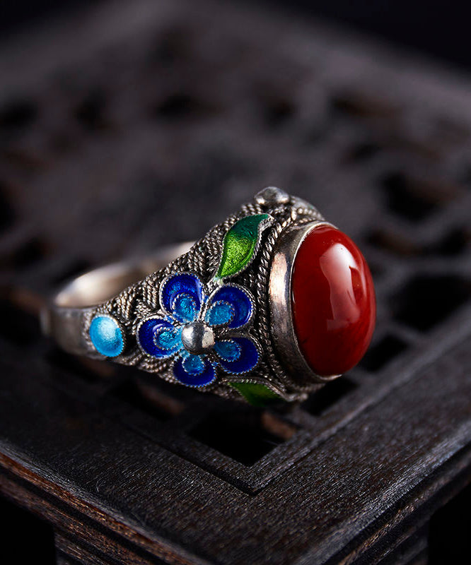 Bagues rétro rouges en argent sterling et agate cloisonnée