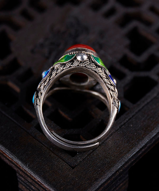 Bagues rétro rouges en argent sterling et agate cloisonnée