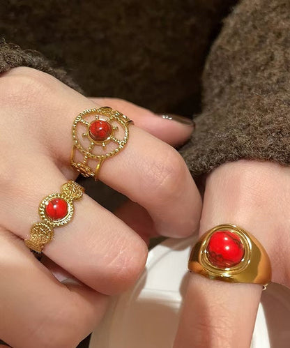 Rot Overgild Hohl Retro Sterling Zwei Achat Silber Ringe