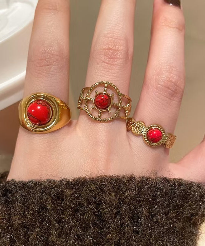 Rot Overgild Hohl Retro Sterling Zwei Achat Silber Ringe