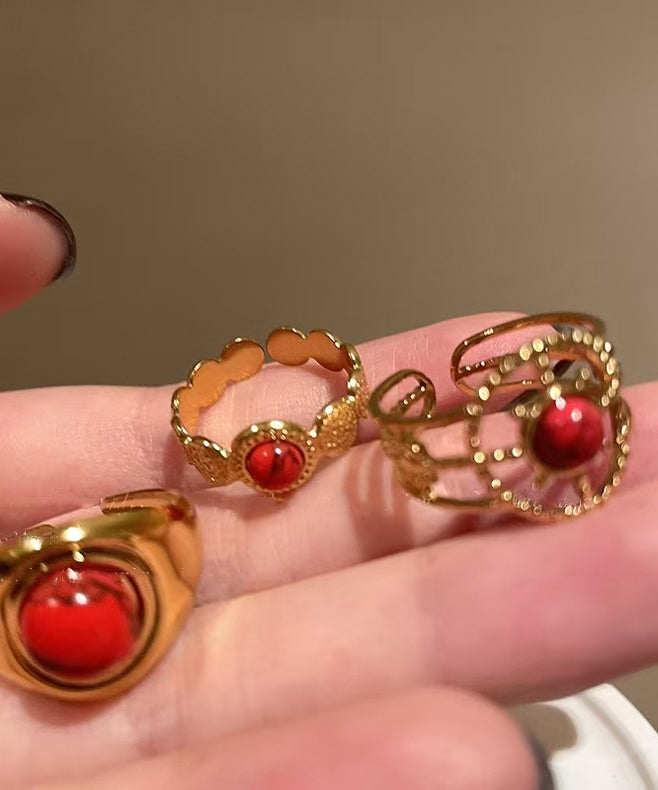 Rot Overgild Hohl Retro Sterling Zwei Achat Silber Ringe