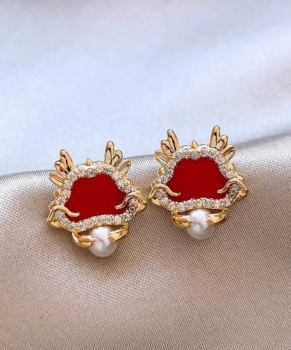 Boucles d'oreilles à tige rétro en argent sterling rouge avec perles de zircone surdorées WH052