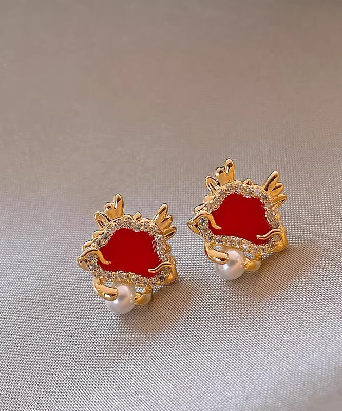 Retro Red Sterling Silver Overgild Zircon Pearl Stud Earrings WH052