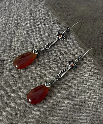 Boucles d'oreilles pendantes rétro en argent sterling avec agate rouge et goutte d'eau QU046