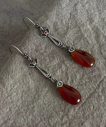 Boucles d'oreilles pendantes rétro en argent sterling avec agate rouge et goutte d'eau QU046