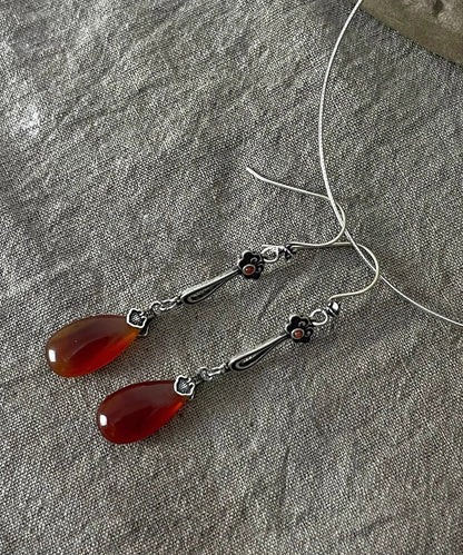 Boucles d'oreilles pendantes rétro en argent sterling avec agate rouge et goutte d'eau QU046