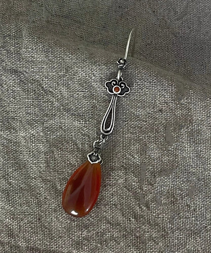 Boucles d'oreilles pendantes rétro en argent sterling avec agate rouge et goutte d'eau QU046