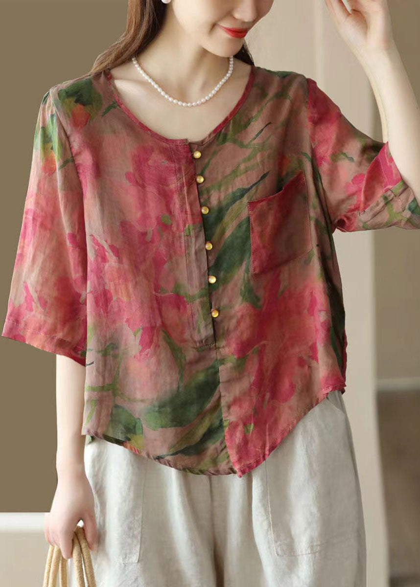 Retro Rose O-Ausschnitt Asymmetrisches Print Leinen Top Sommer FF028