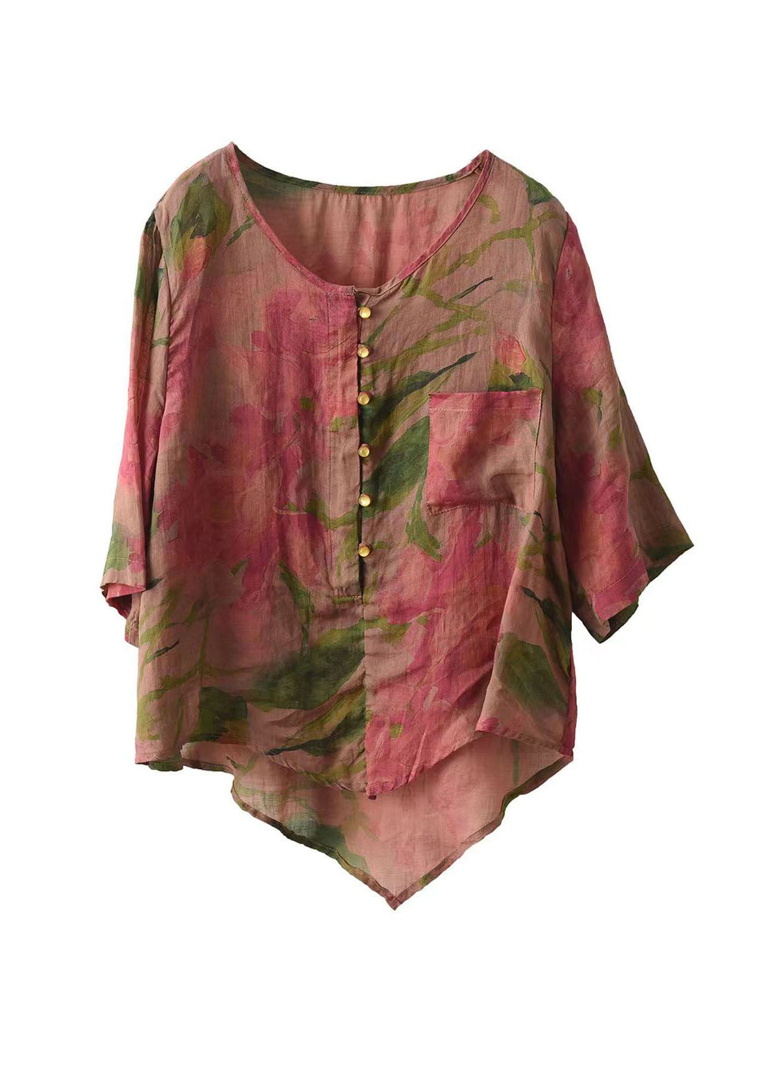 Retro Rose O-Ausschnitt Asymmetrisches Print Leinen Top Sommer FF028