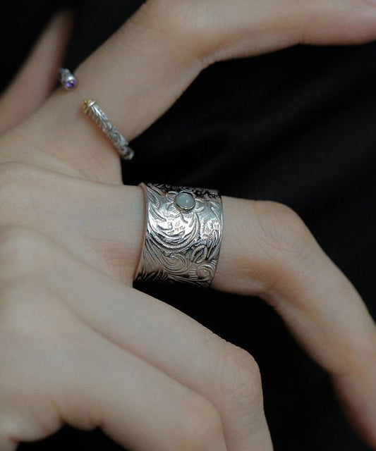 Sterling Retro Inlay Jade Silk Silver Rings