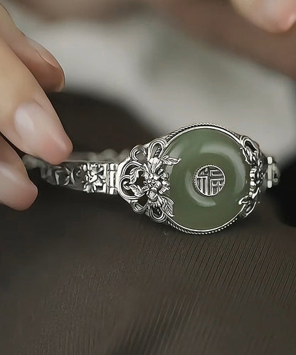 Retro-Armreif aus Sterlingsilber mit Jade-Pfingstrosen-Schnalle, Seide, RB026