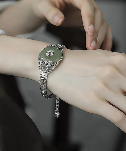 Retro-Armreif aus Sterlingsilber mit Jade-Pfingstrosen-Schnalle, Seide, RB026