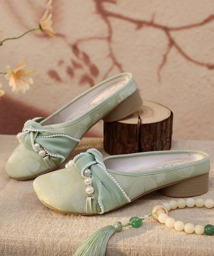 Chunky Embroidered Satin Sandals Splicing White Slide Retro