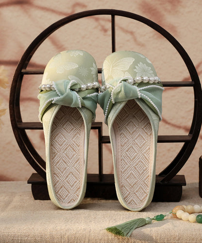 Chunky Embroidered Satin Sandals Splicing White Slide Retro