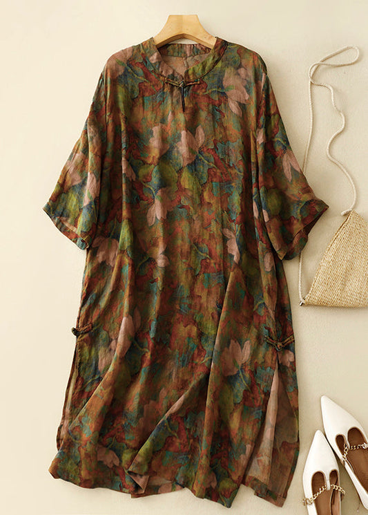 Retro Stand Collar Button Print Linen Dress Summer AM1071