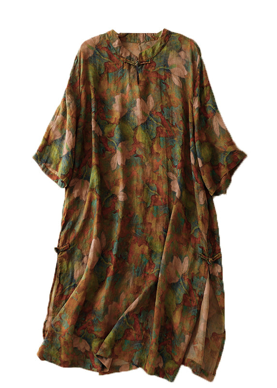 Retro Stand Collar Button Print Linen Dress Summer AM1071