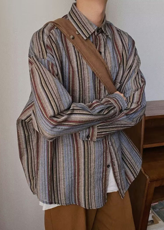 Chemises surdimensionnées en coton à rayures et boutons pour hommes, style rétro, printemps