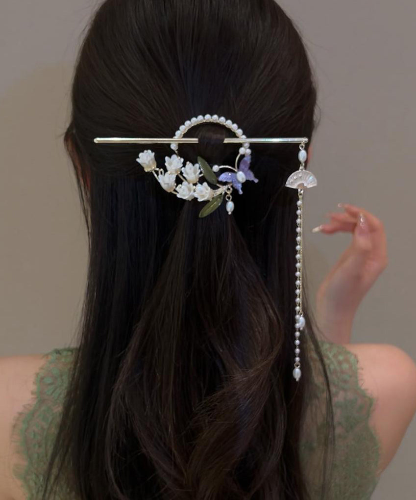 Retro White Alloy Pearl Lily Of The Valley Tassel Hairpin QD027