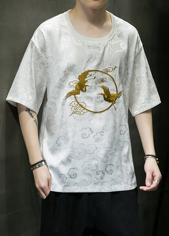 Retro White O-Neck Oriental Embroideried Ice Silk Mens T Shirts Summer HG002