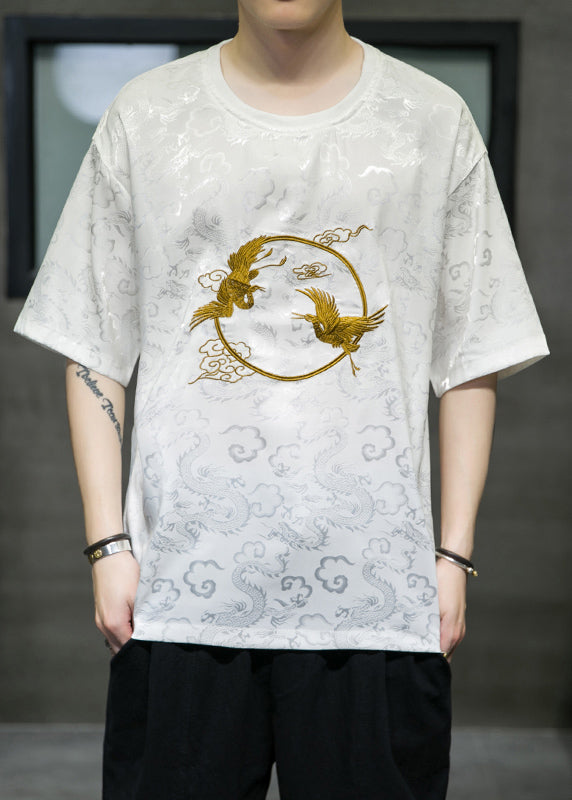 Retro White O-Neck Oriental Embroideried Ice Silk Mens T Shirts Summer HG002