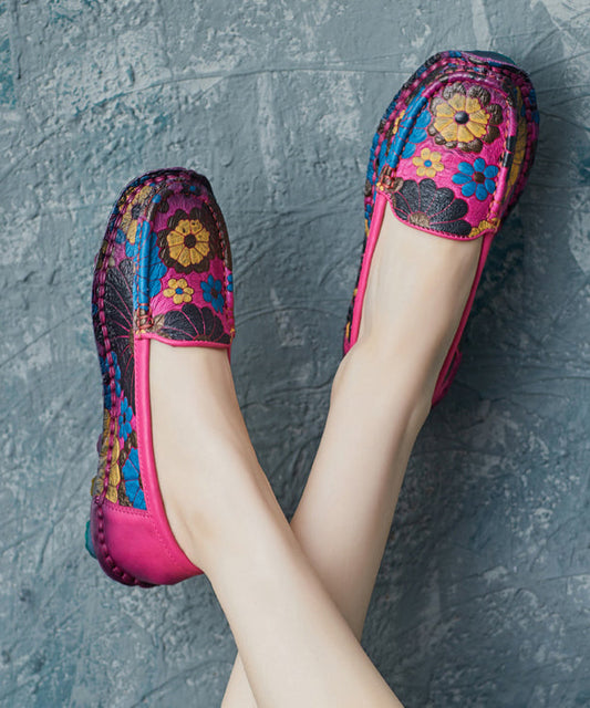 Rose Cowhide Leather Embossed Boho Handmade Flat Feet Shoes XC1031