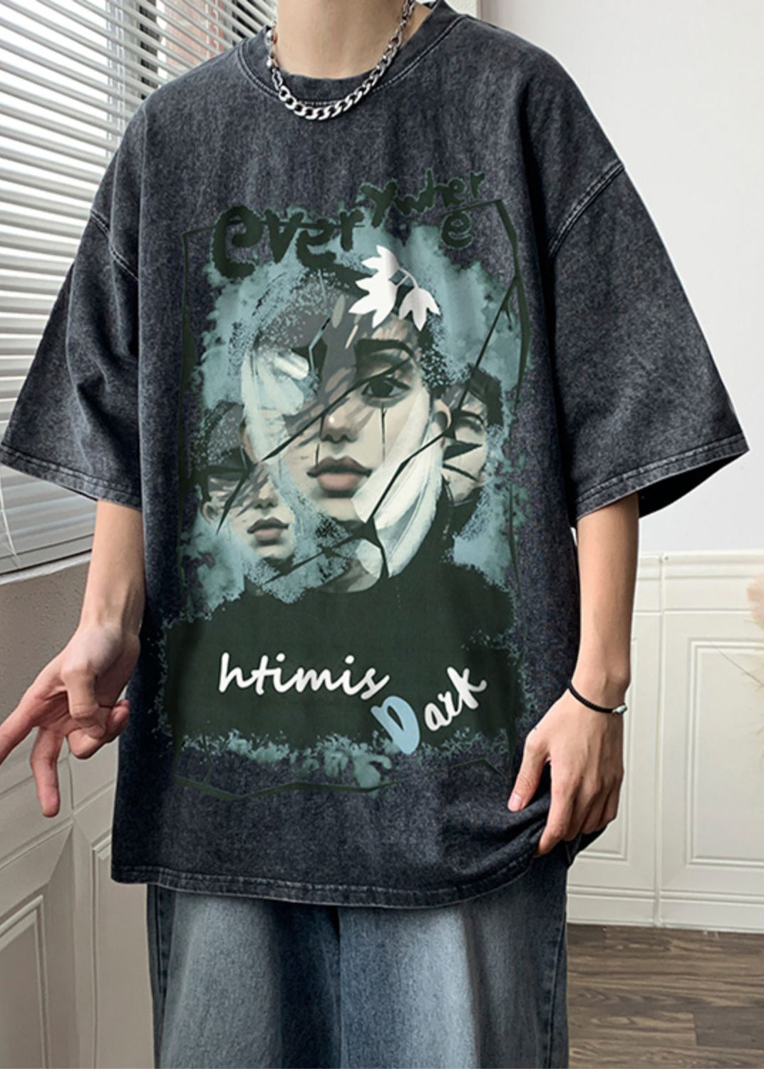 Men Shirts Half Rose Cotton T Print Sleeve Oversized