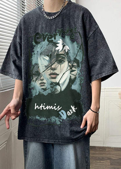 Men Shirts Half Rose Cotton T Print Sleeve Oversized