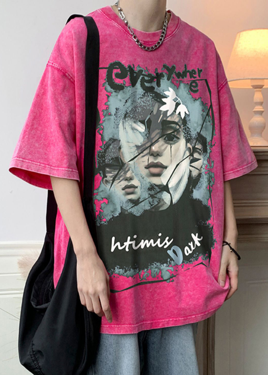 Men Shirts Half Rose Cotton T Print Sleeve Oversized