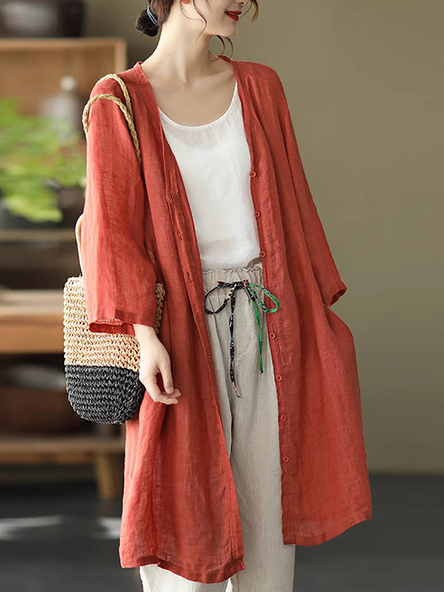 Women Summer Casual Solid Linen Button-up Long Shirt SC1033