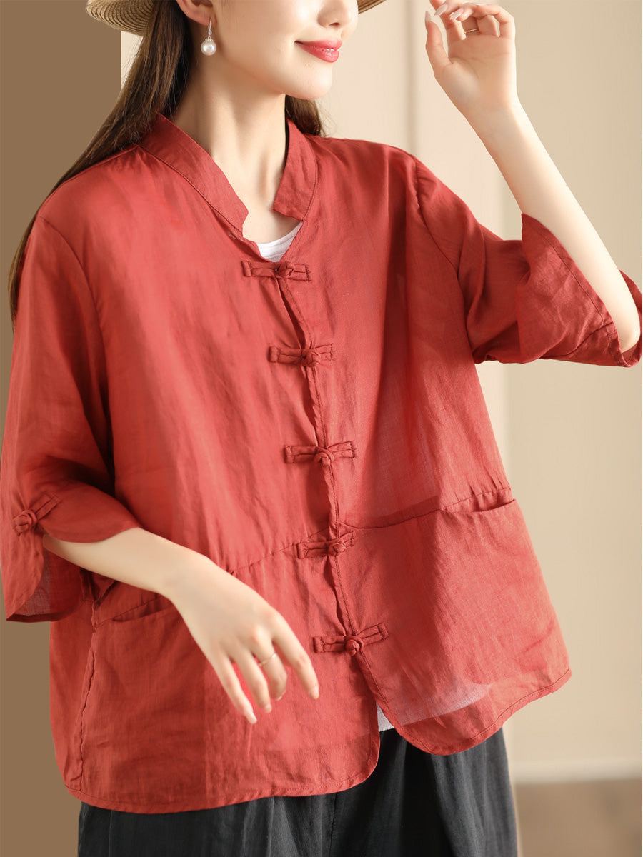 Women Summer Ethnic Solid Button-up Ramie Shirt QW1046