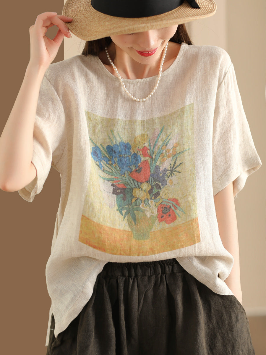 Women Summer Casual Flower Linen Pullover Shirt TY1022