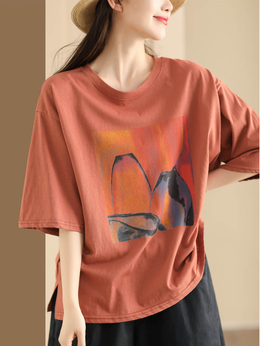 Women Summer Casual Print O-Neck Loose Shirt HH042