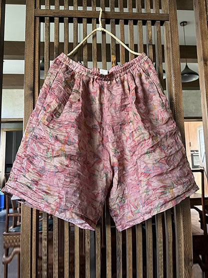 Short ample en ramie à fleurs vintage pour femme, été, AH595