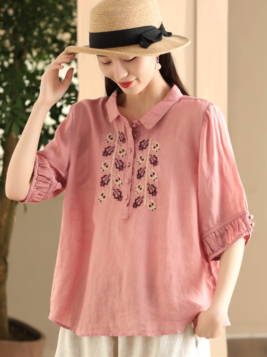 Women Summer Vintage Embroidery Turn-down Collar Ramie Shirt FD017