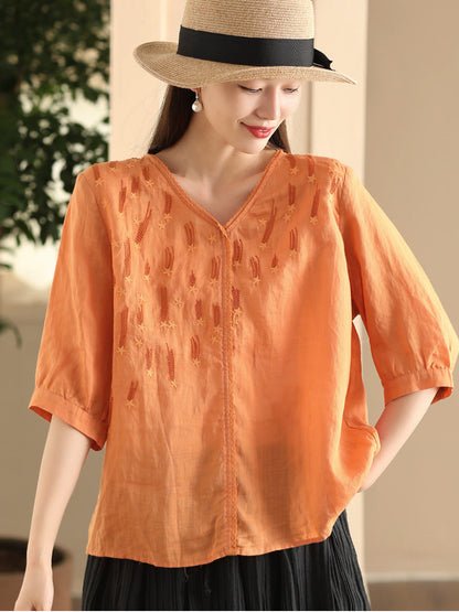 Chemise d'été en ramie à col en V et broderie artistique pour femme FD005