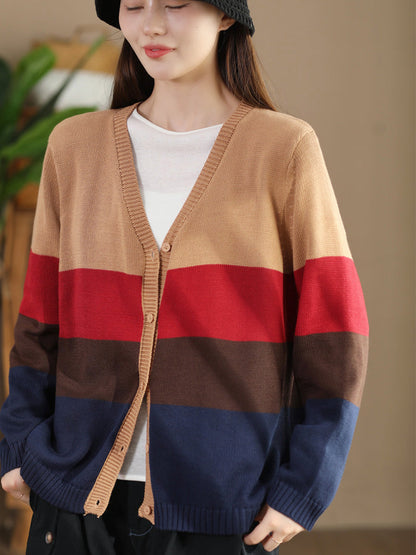 Damen Herbst Colorblock V-Ausschnitt Strickpullover AS1012 