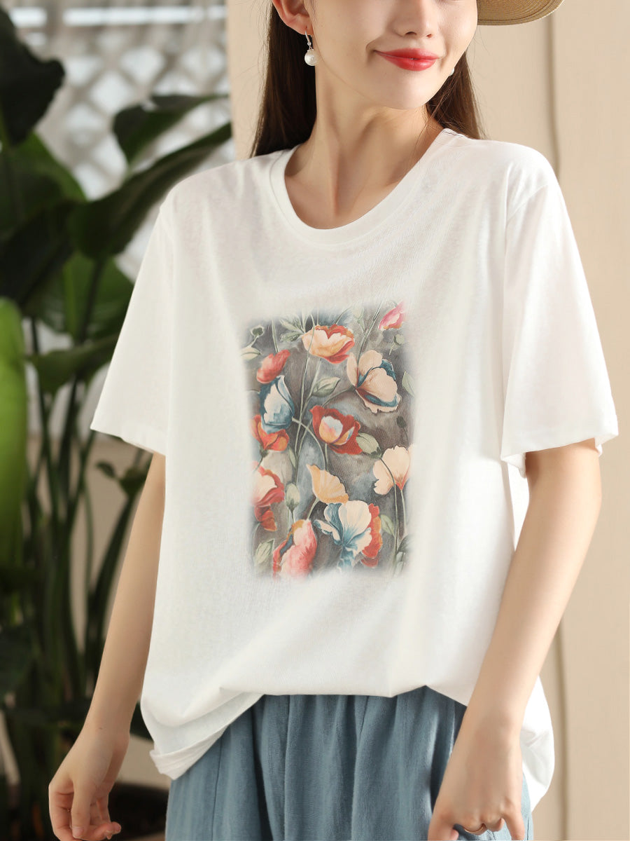 Women Summer Casual Flower Spliced Cotton Shirt CC031