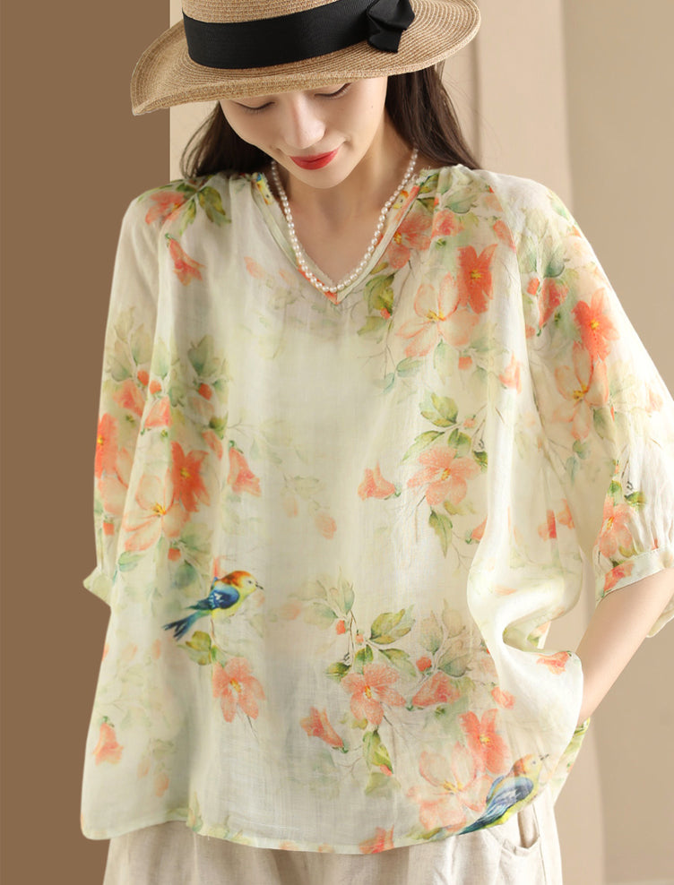 Women Summer Flower V-Neck Ramie Loose Shirt OO1035