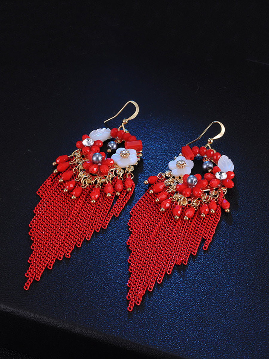 Bohemia Women Tassel Bead Flower Alloy Earrings FD011