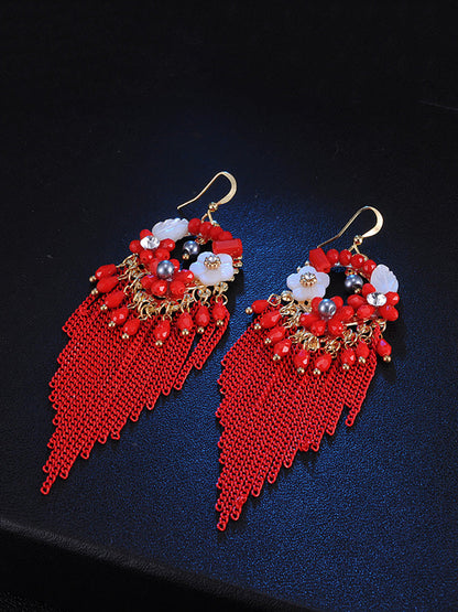 Boucles d'oreilles en alliage avec pompon et perles pour femmes de style bohème FD011 