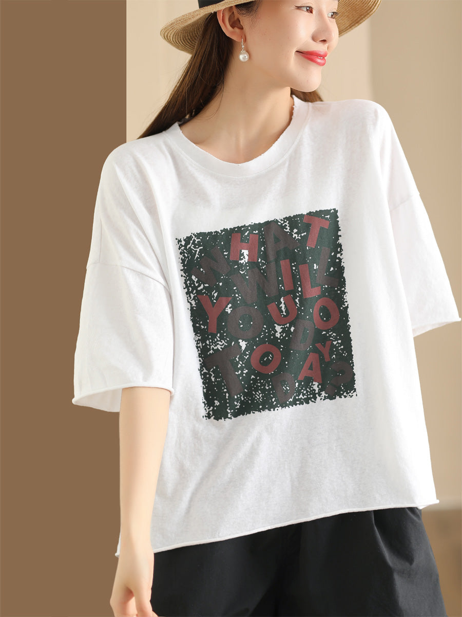 Women Summer Casual Print O-Neck Loose Cotton Shirt ZZ1054