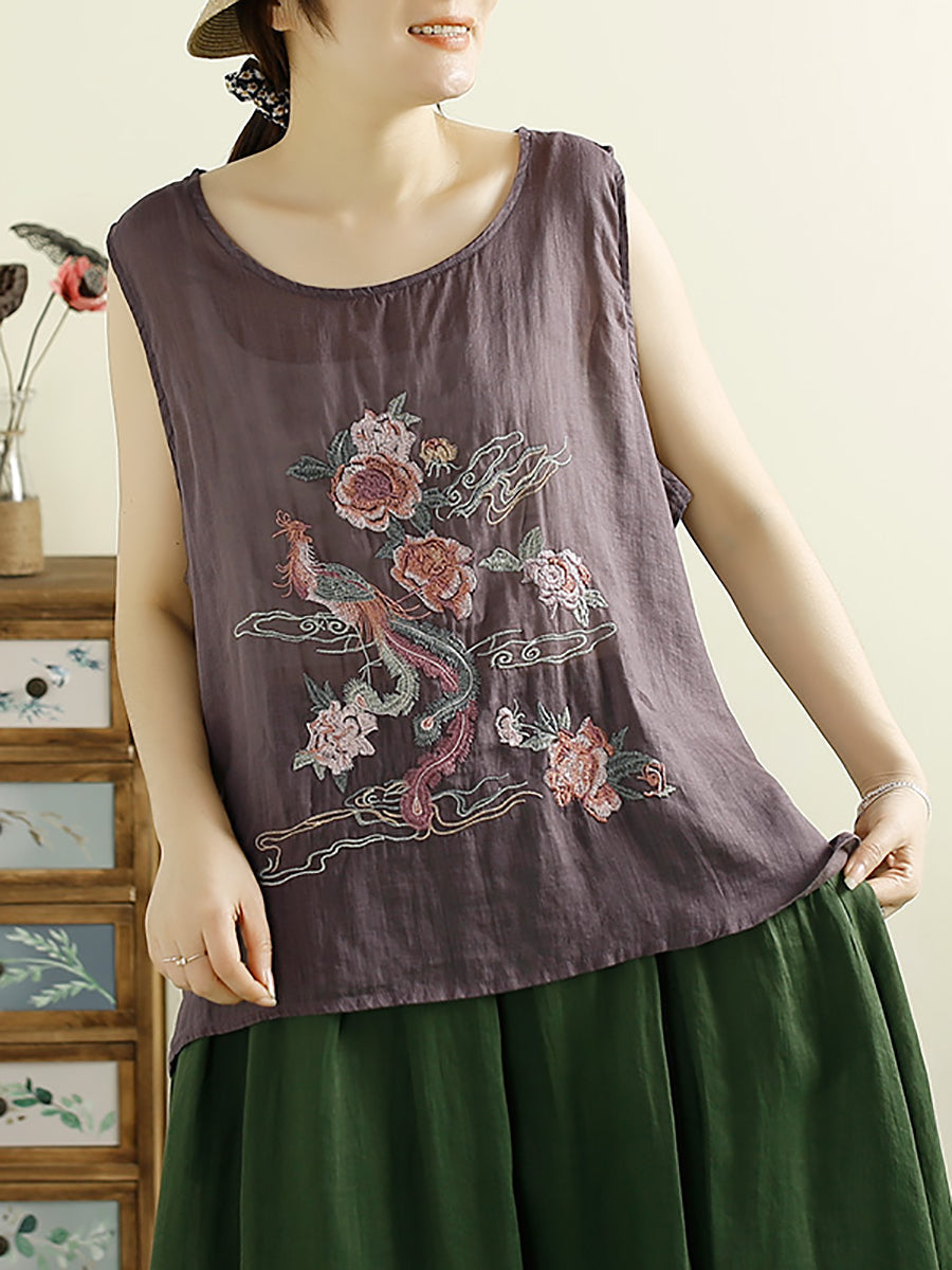 Women Vintage Flower Embroidery Ramie Summer Vest WE1022