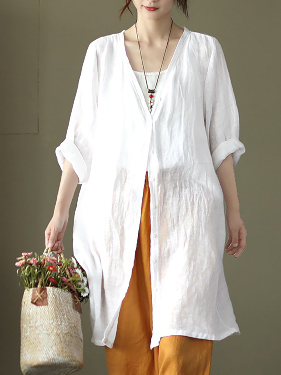 Women Summer Casual Solid Linen Button-up Long Shirt SC1033