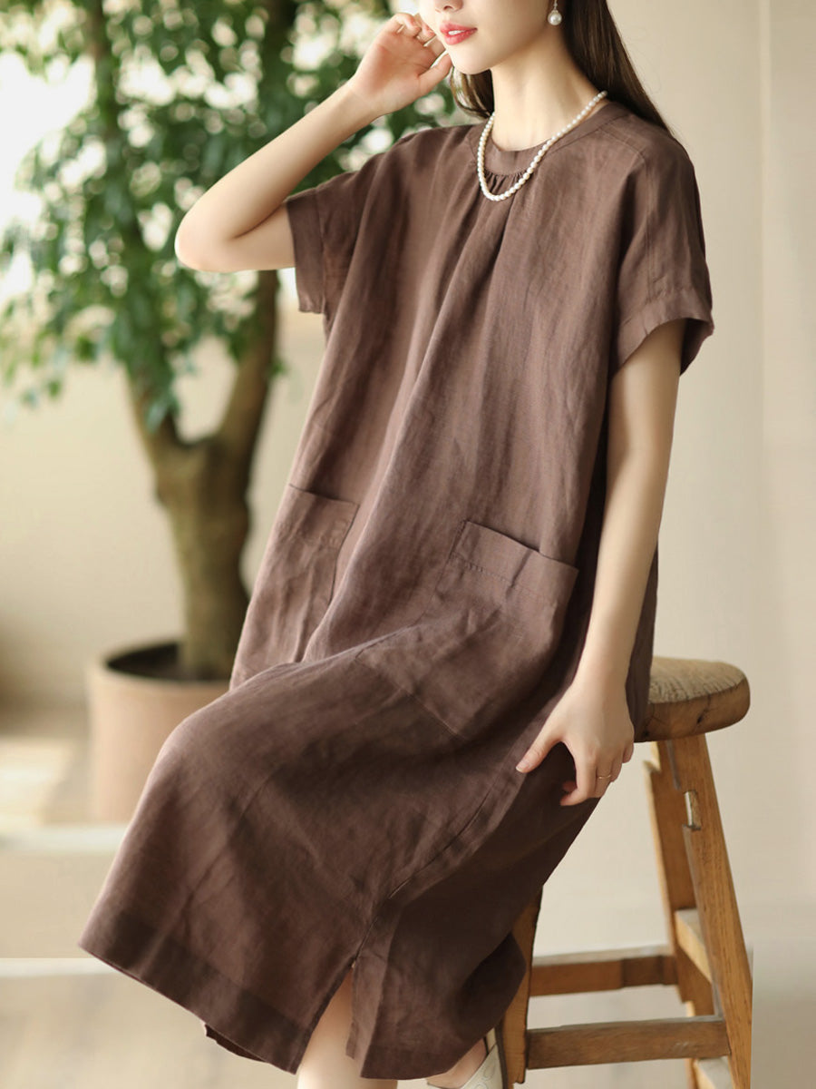 Women Summer Casual Solid Pocket O-Neck Linen Dress FD002