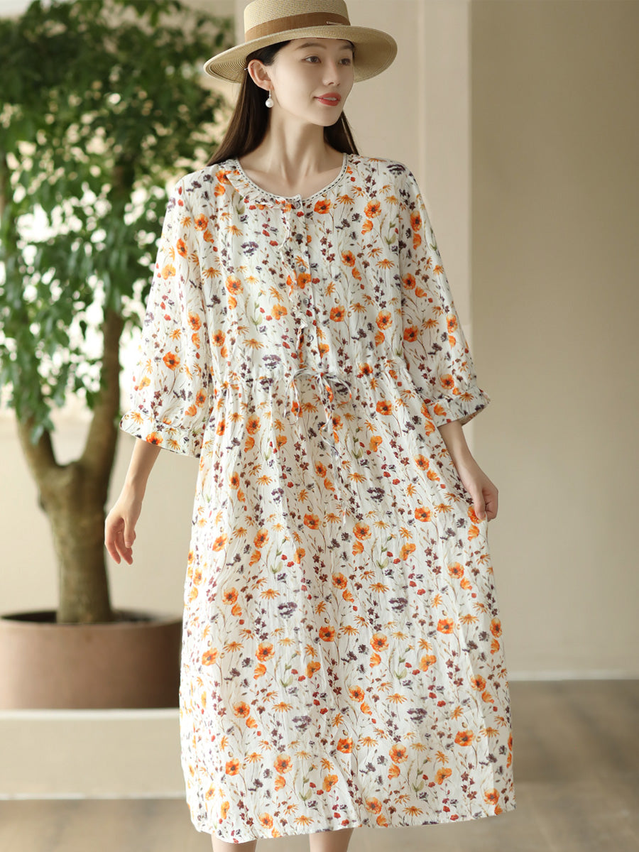 Women Summer Artsy Floral O-Neck Strap Ramie Dress FD010