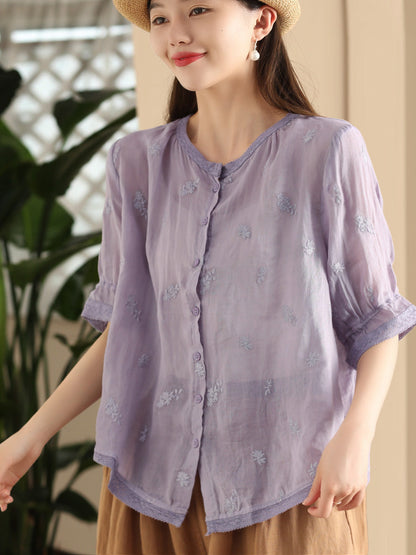 Chemise d'été boutonnée en ramie pour femme avec broderie vintage CX007