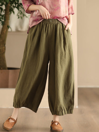 Pantalon large en lin uni vintage d'été pour femme FD038