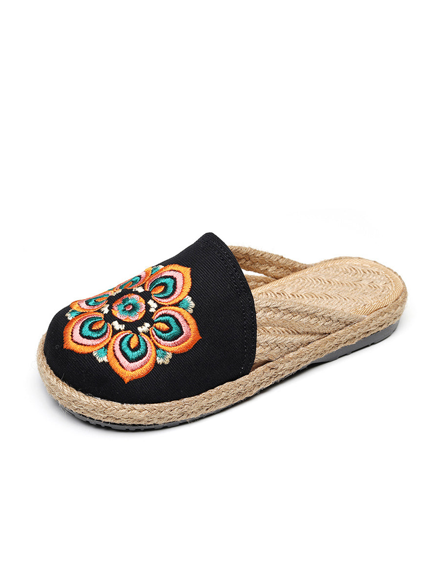 Women Summer Ethnic Flower Embroidert Straw Slippers II1017