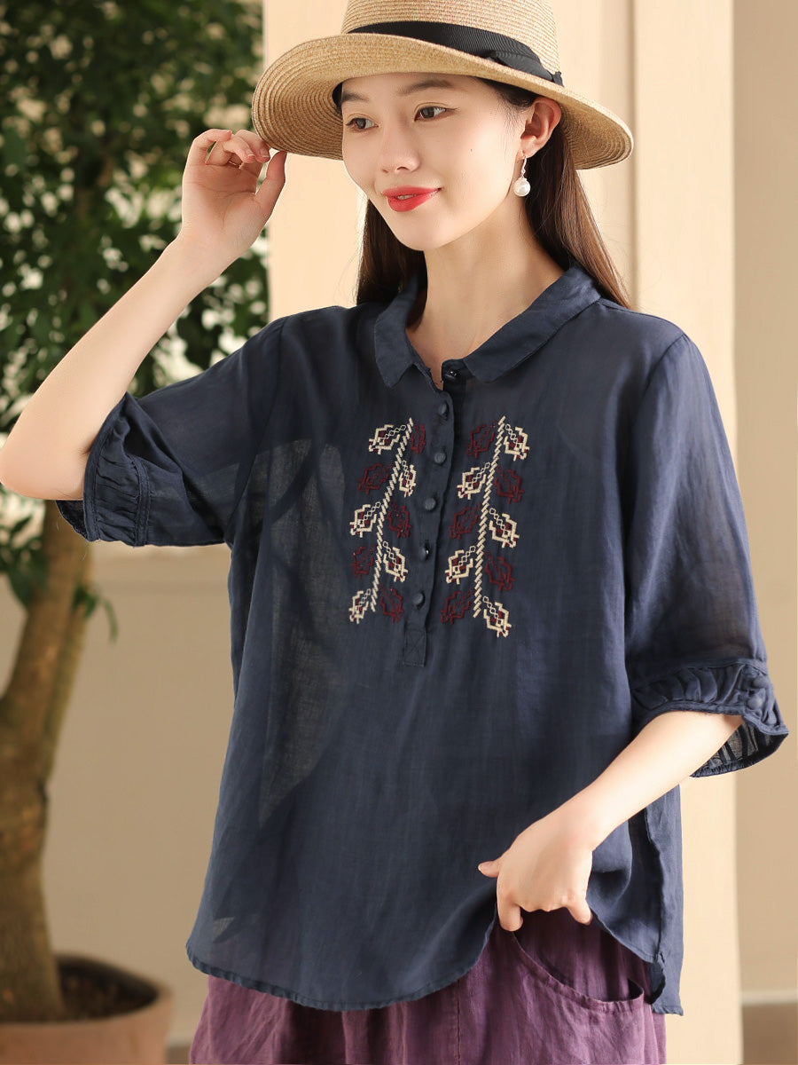 Women Summer Vintage Embroidery Turn-down Collar Ramie Shirt FD017